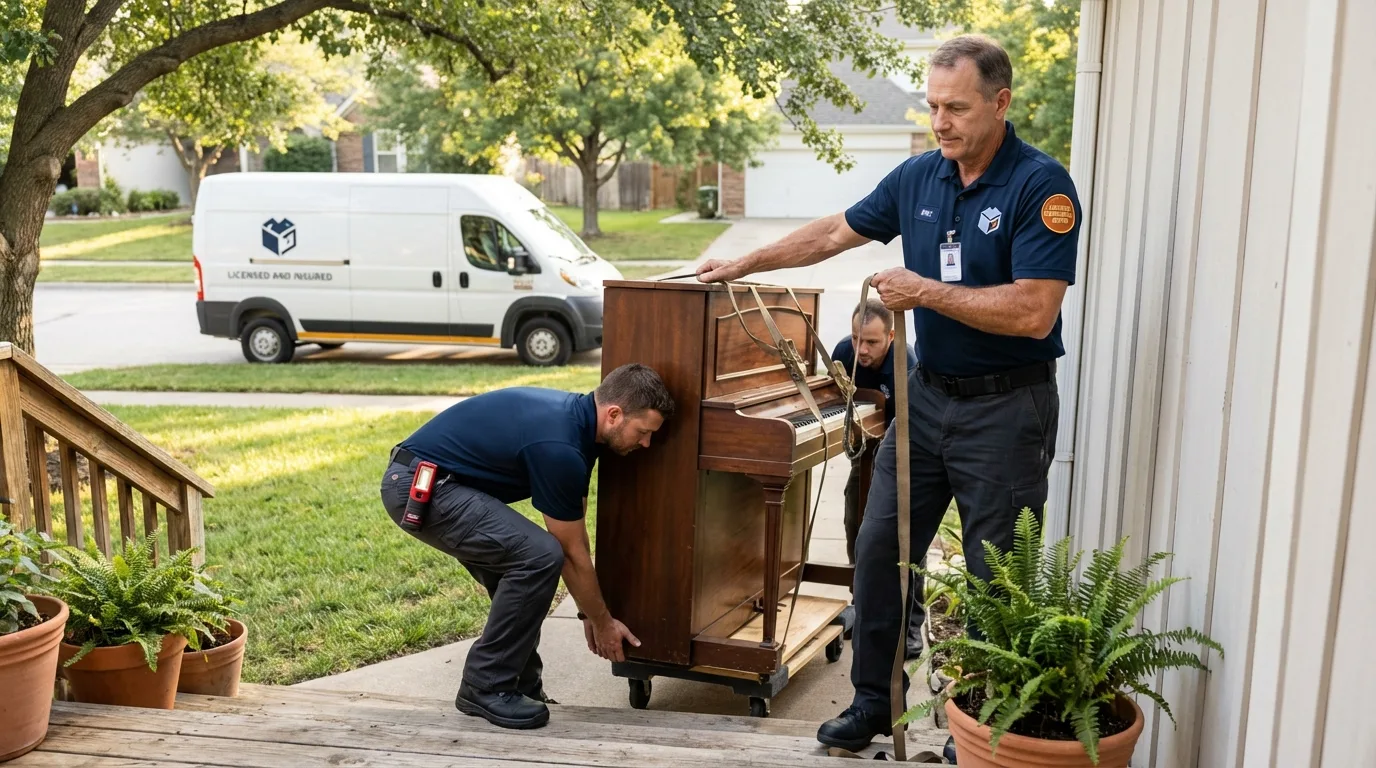 Licensed piano movers securing grand piano in Liberty, KY