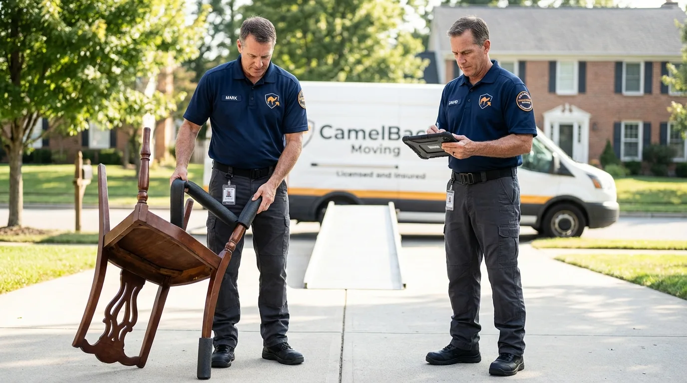 Movers inspecting furniture for damage prevention before loading in Liberty, KY