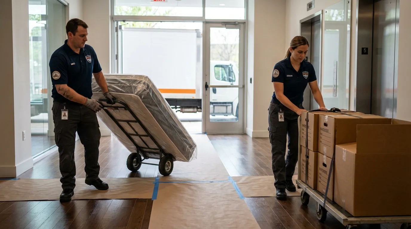 Professional apartment movers loading elevator in Liberty, KY